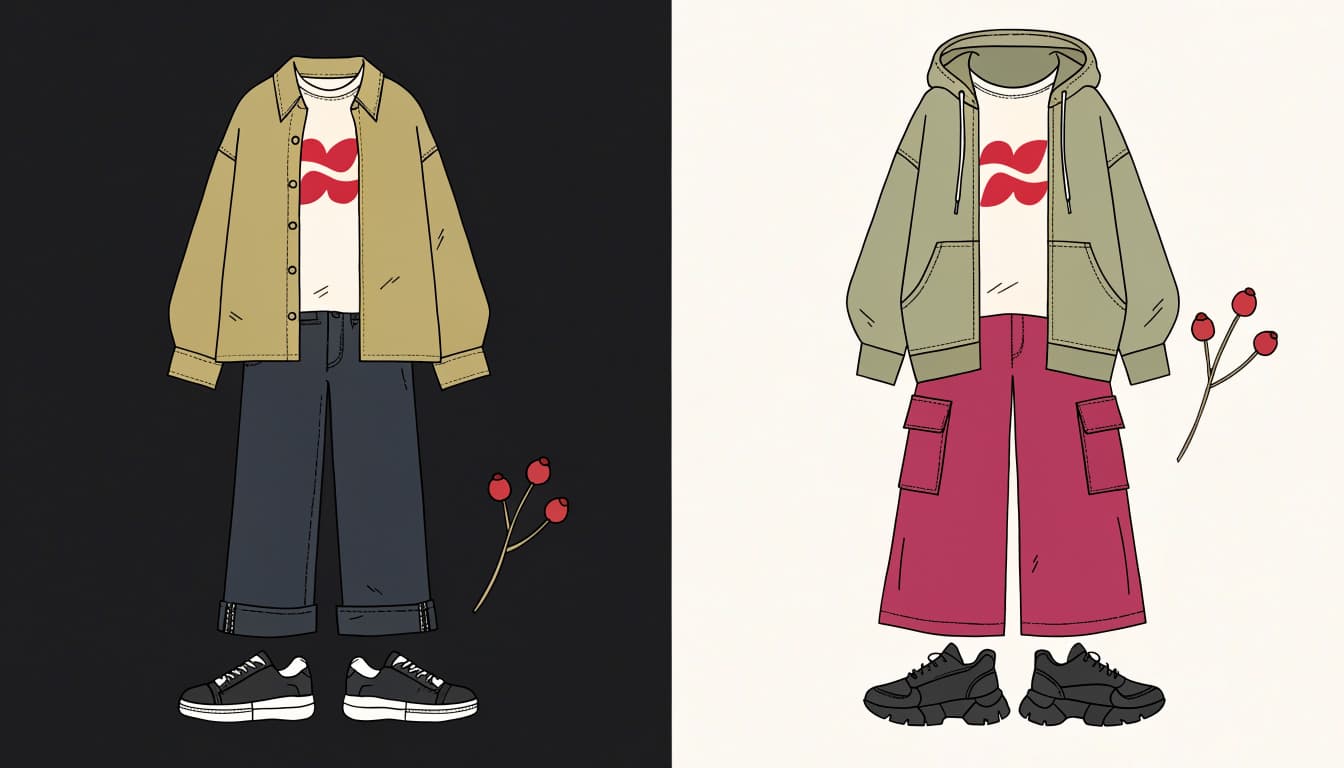 Two holiday T-shirt outfits with jeans, cargos, layers, and shoes.