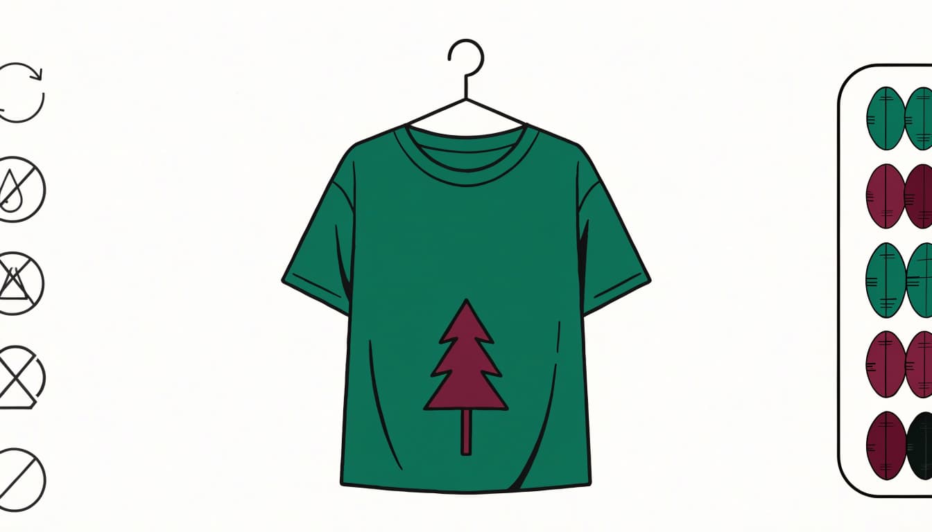 A cream T-shirt with a small tree print hangs beside a card of simple icons.