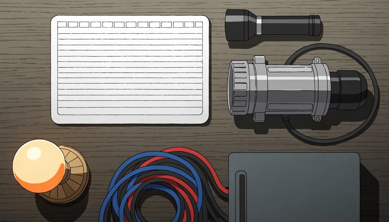 A blank worksheet and household items arranged for backup-power planning.