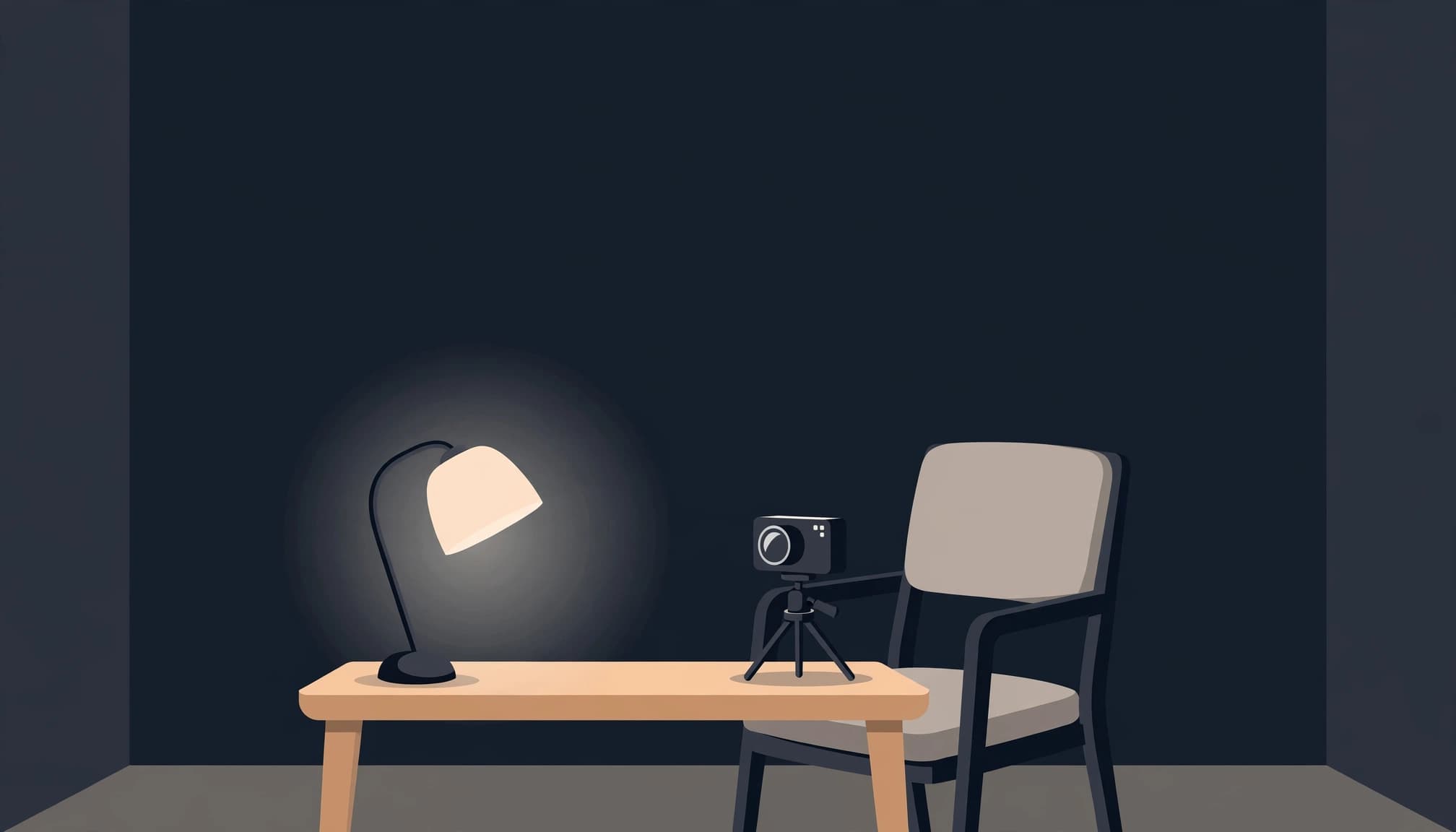 A webcam and soft lamp face an empty chair against a plain background.