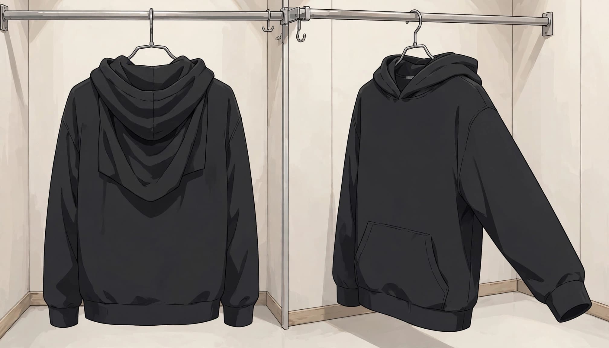 Two black hoodies hanging on rails in a minimal fitting room, shown from the back and front.
