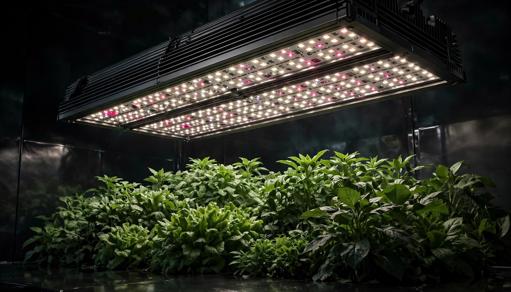 LED grow light shining over a healthy indoor plant canopy.