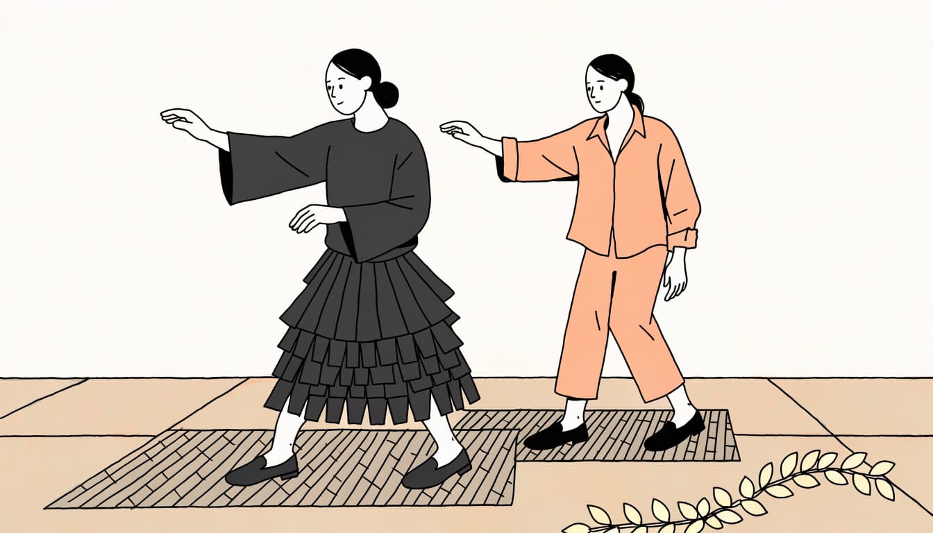 Two dancers in different outfits extend their arms and step on woven mats.