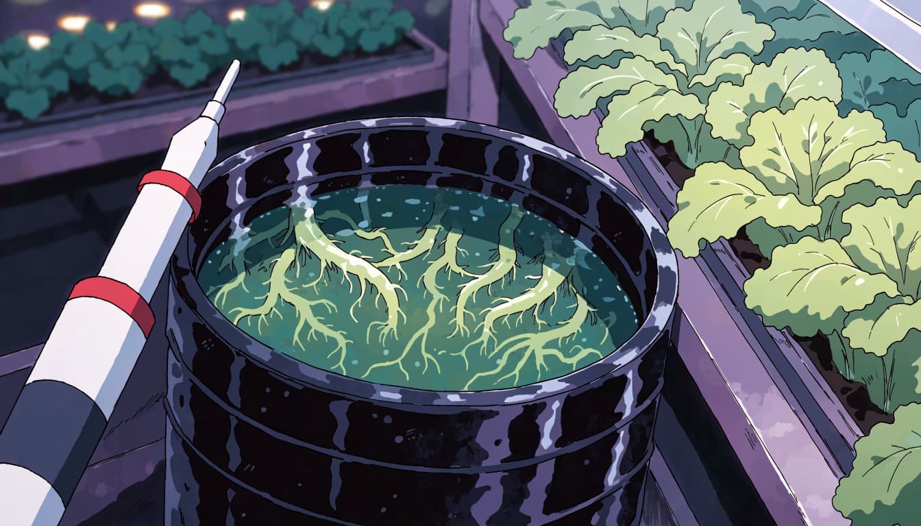 A pH pen rests beside nutrient solution beneath leafy lettuce plants.