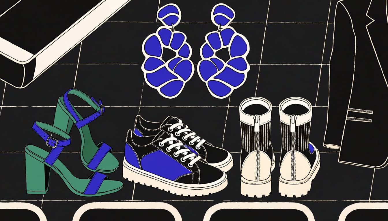 Shoes, statement earrings, and a jacket are spaced across a tiled dressing area.