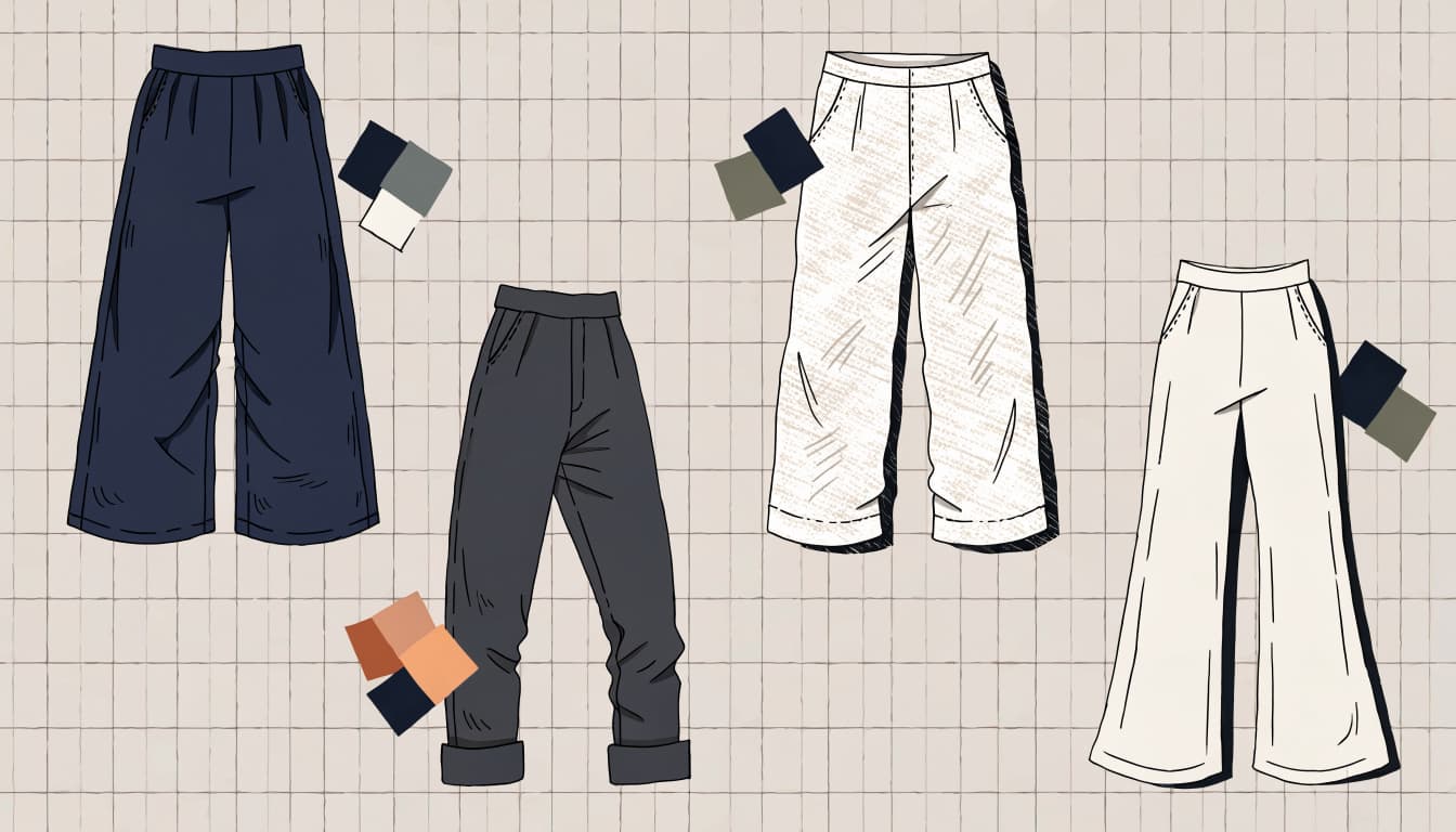 Four different trouser styles arranged on tiled flooring with fabric swatches.