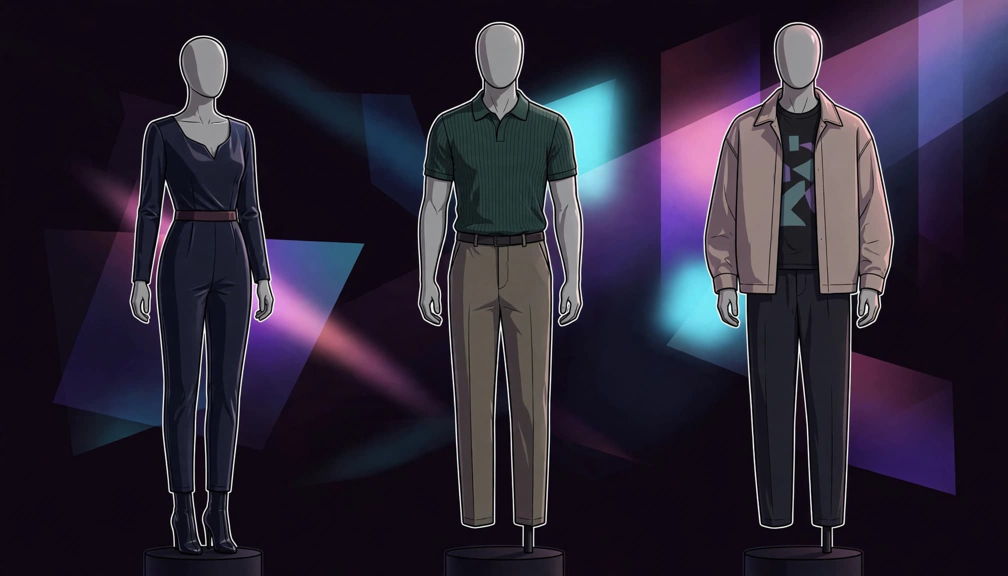 Three mannequins display distinct club outfits against a dark backdrop with colored lights.