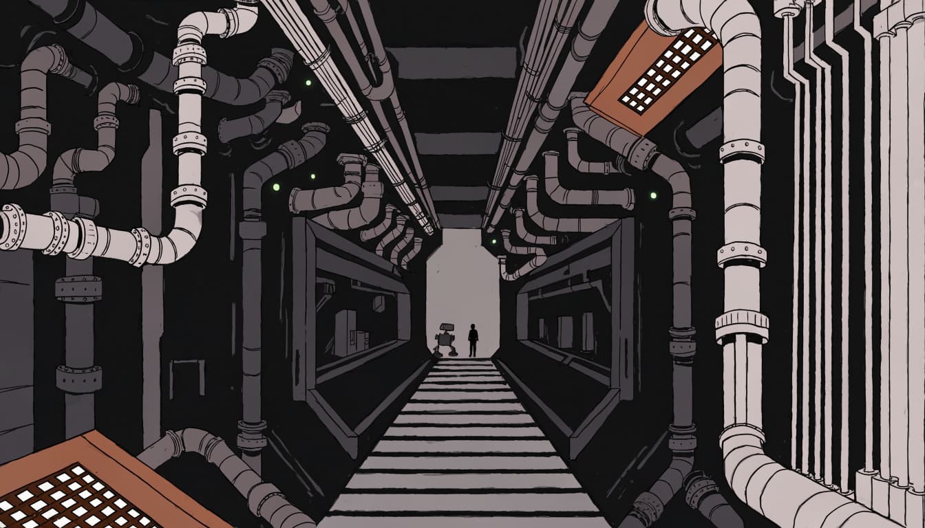 A small figure and service robot stand in a dark, pipe-lined underground corridor.