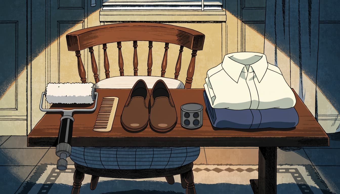 Interview clothes, shoes, and grooming tools arranged in a warmly lit bedroom.