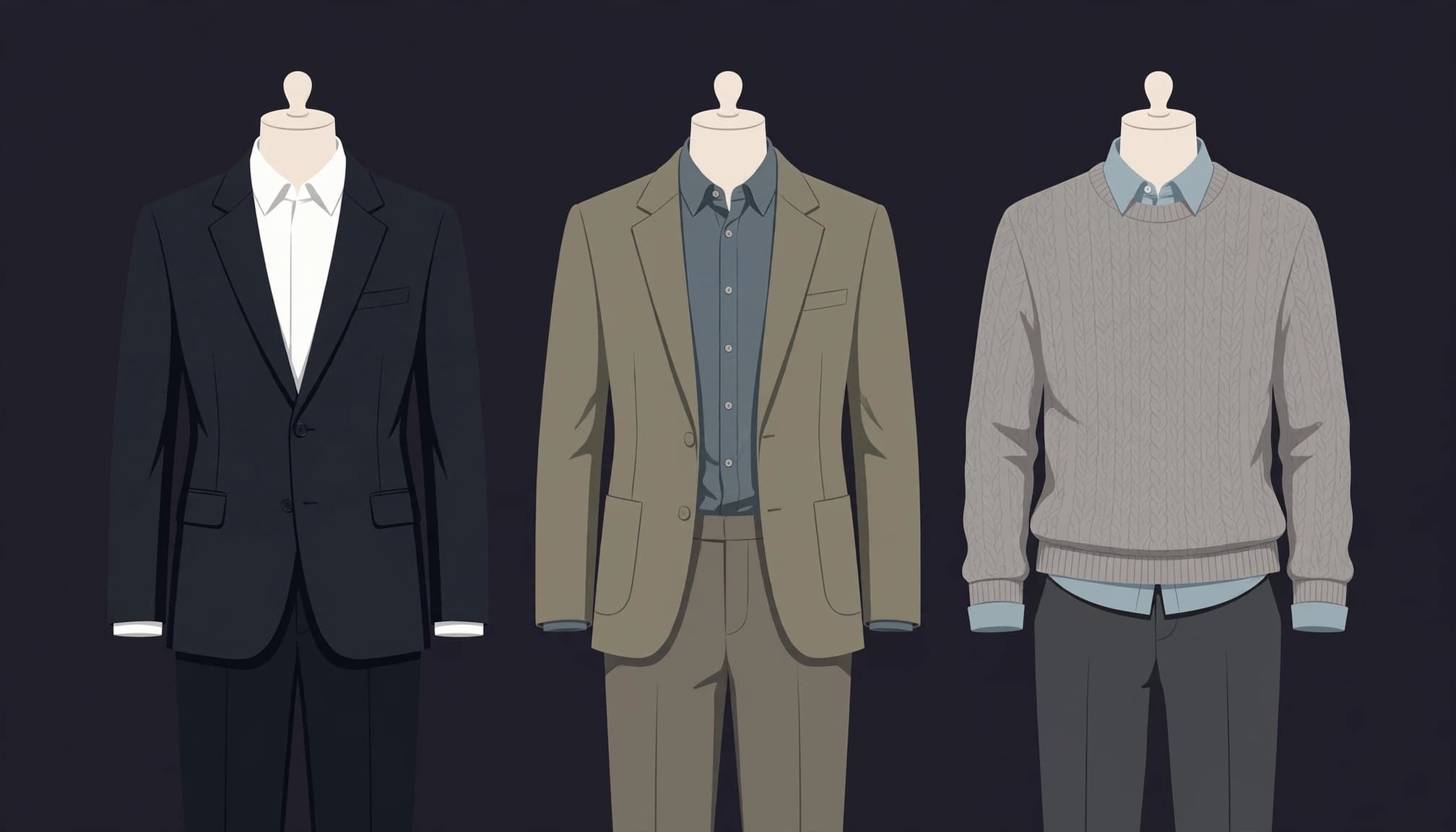 Three dress forms display a dark suit, a blazer outfit, and a collared shirt with a sweater.