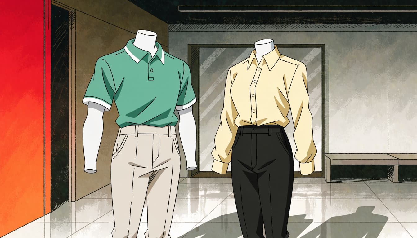 Two headless mannequins show a polo and chinos, and a blouse with smart trousers.