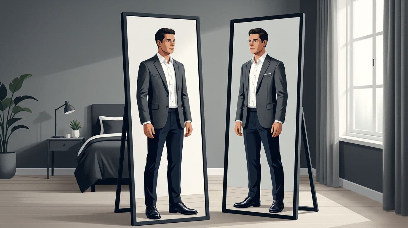 A man checks his blazer and trousers in a full-length bedroom mirror.