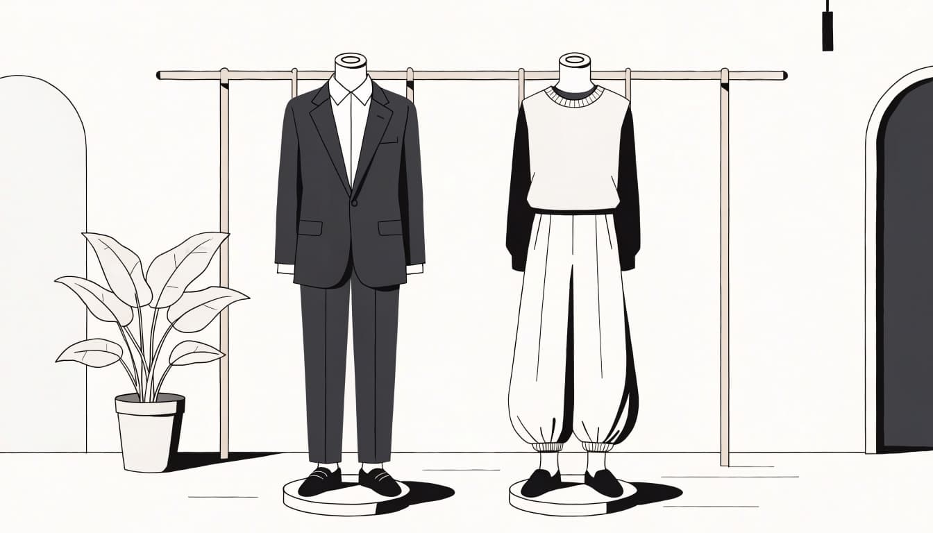 A dark suit and a knit top with trousers displayed side by side in an office changing area.