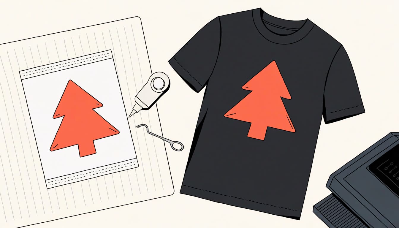 A dark shirt with a geometric tree design beside vinyl crafting tools on a cutting mat.