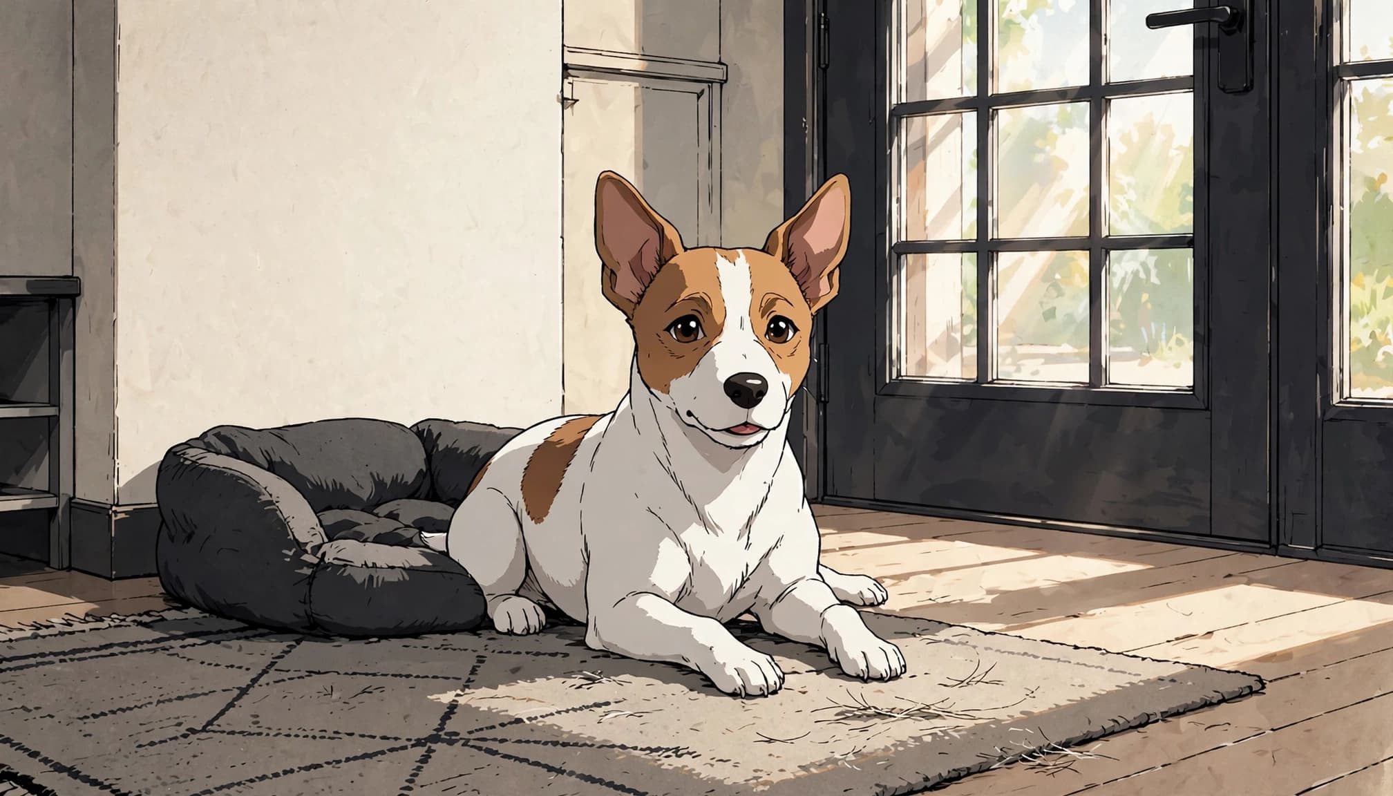 A Jack Russell Terrier stands by a dog bed, with loose hairs near the rug.