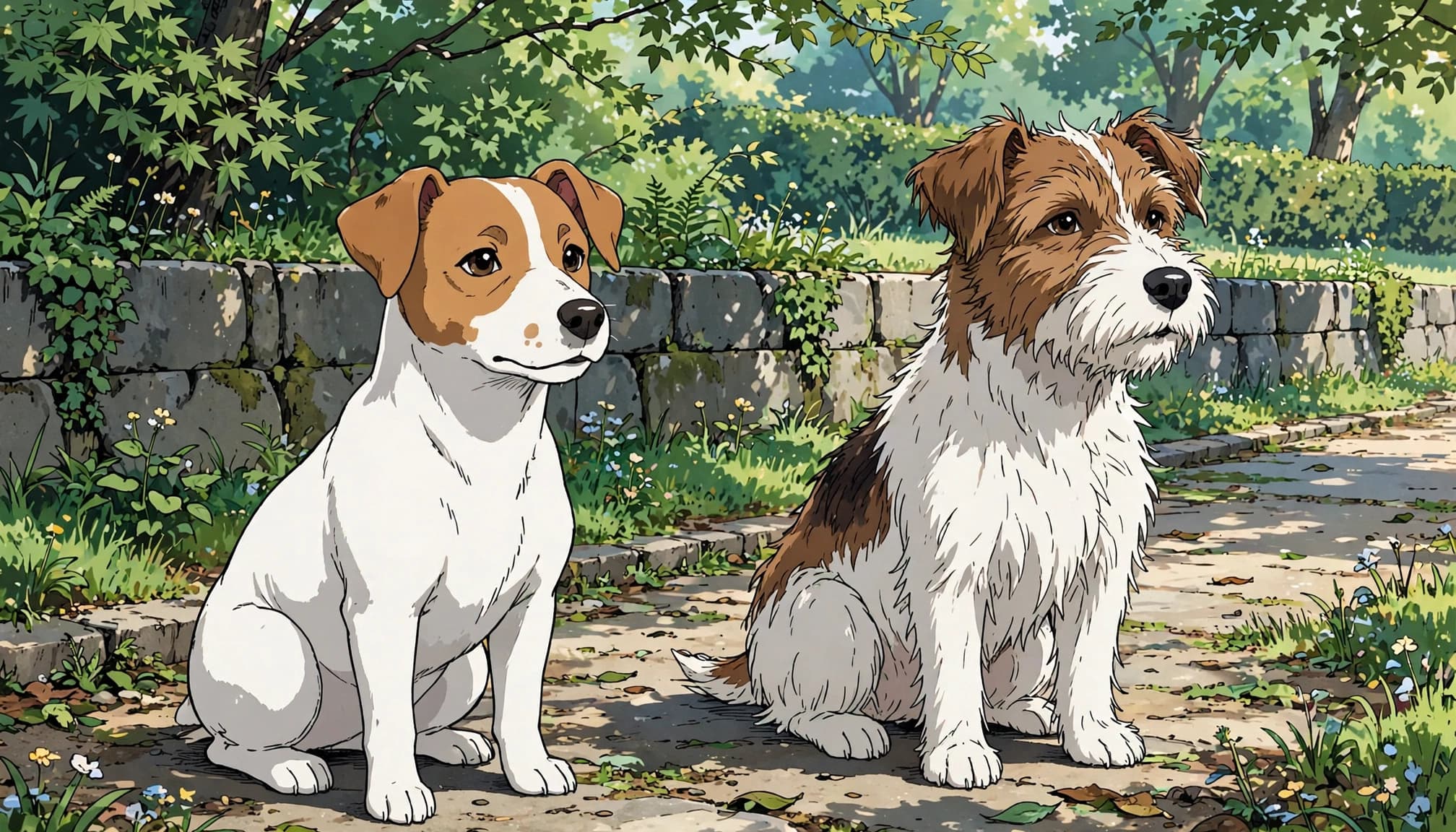Two Jack Russell mix dogs with smooth and wiry coats stand on a leafy park path.