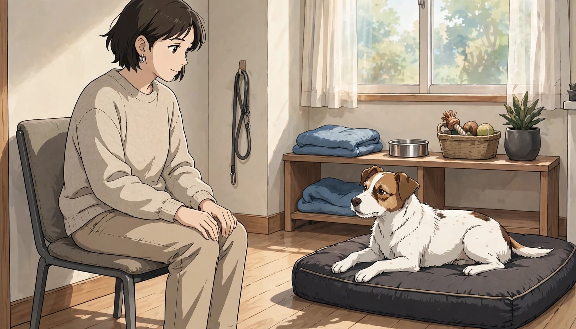 A seated adopter meets a Jack Russell mix resting on a dog bed.