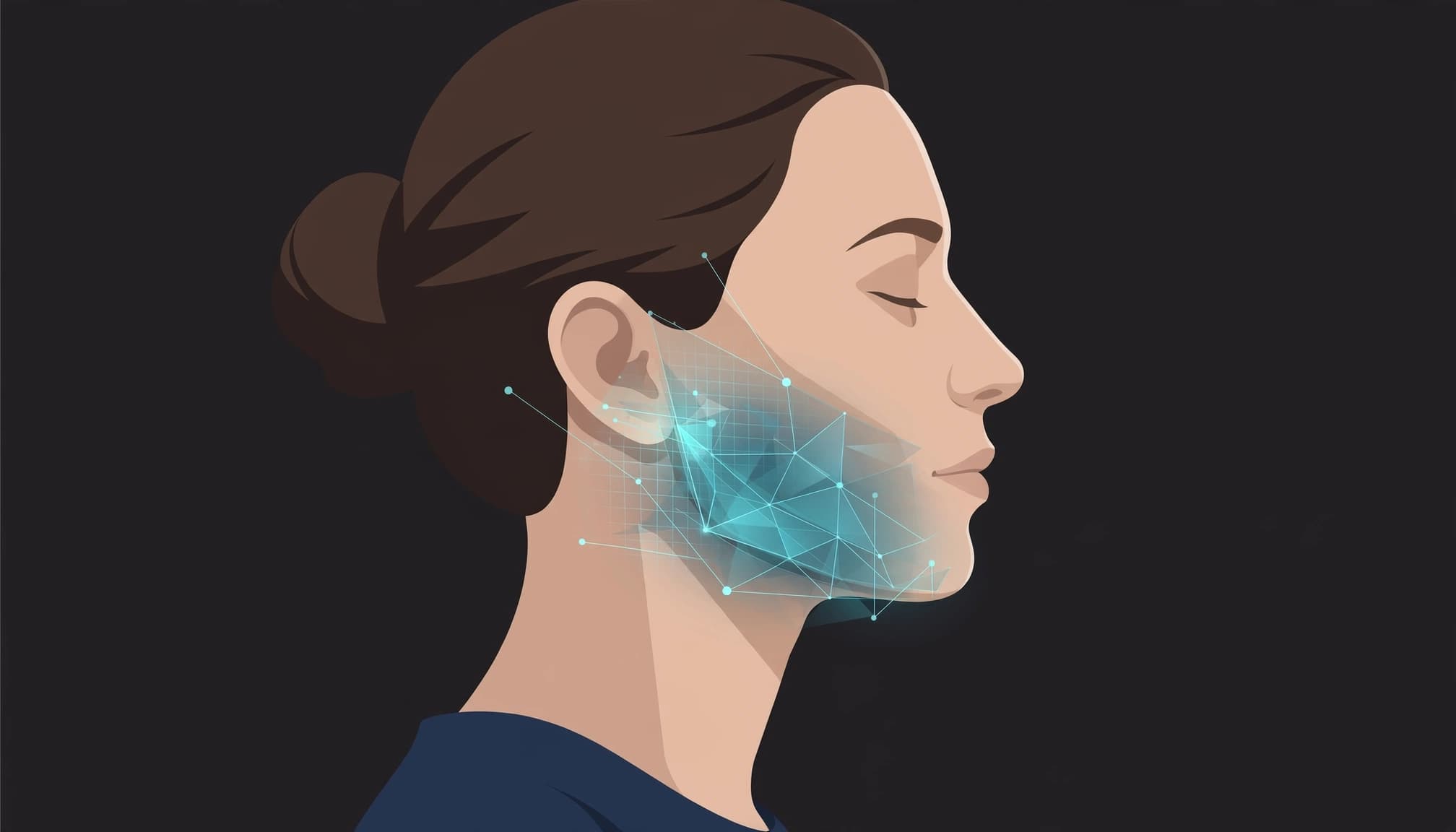 Profile portrait with a geometric highlight over the jaw muscle on a dark background.