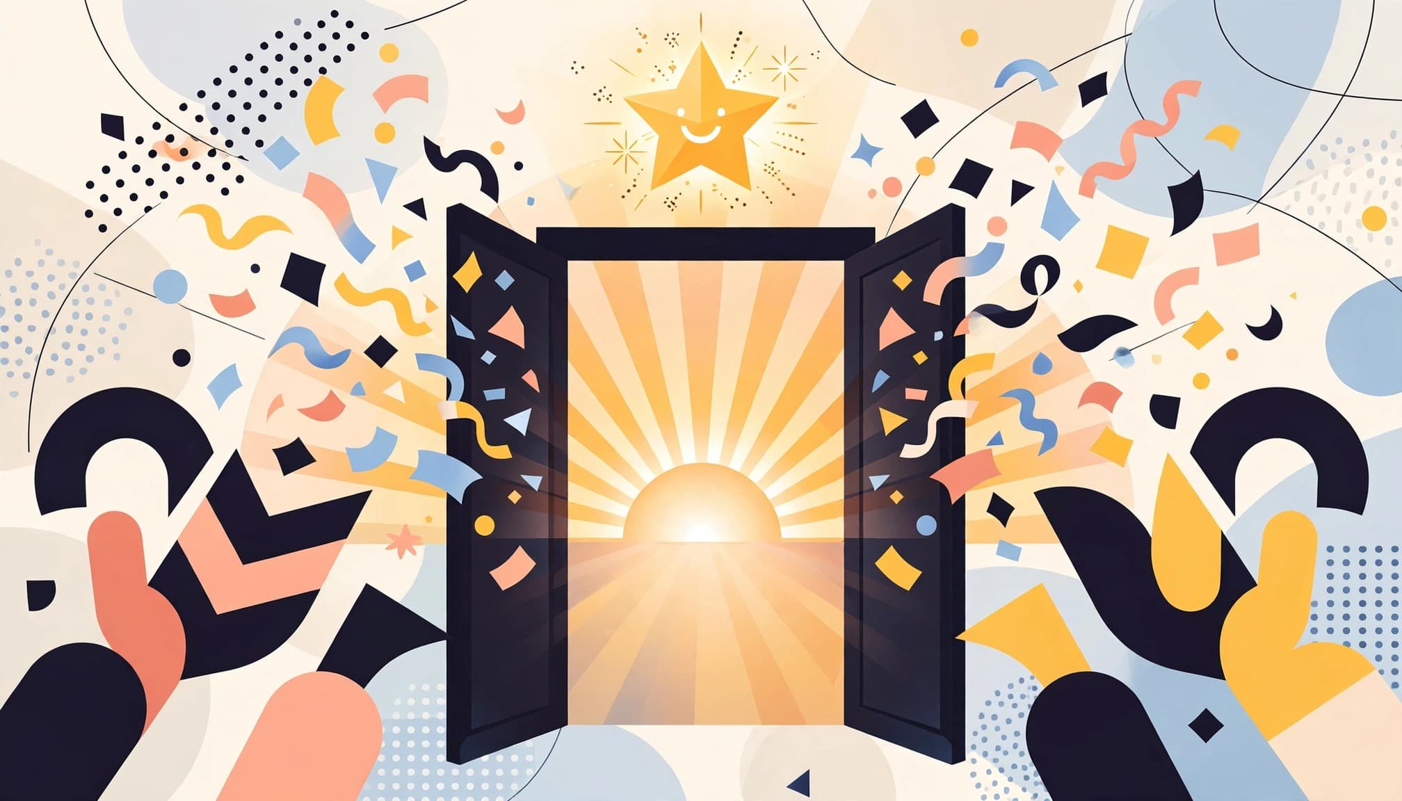 A sunrise doorway surrounded by confetti, abstract applause shapes, and a joyful star.