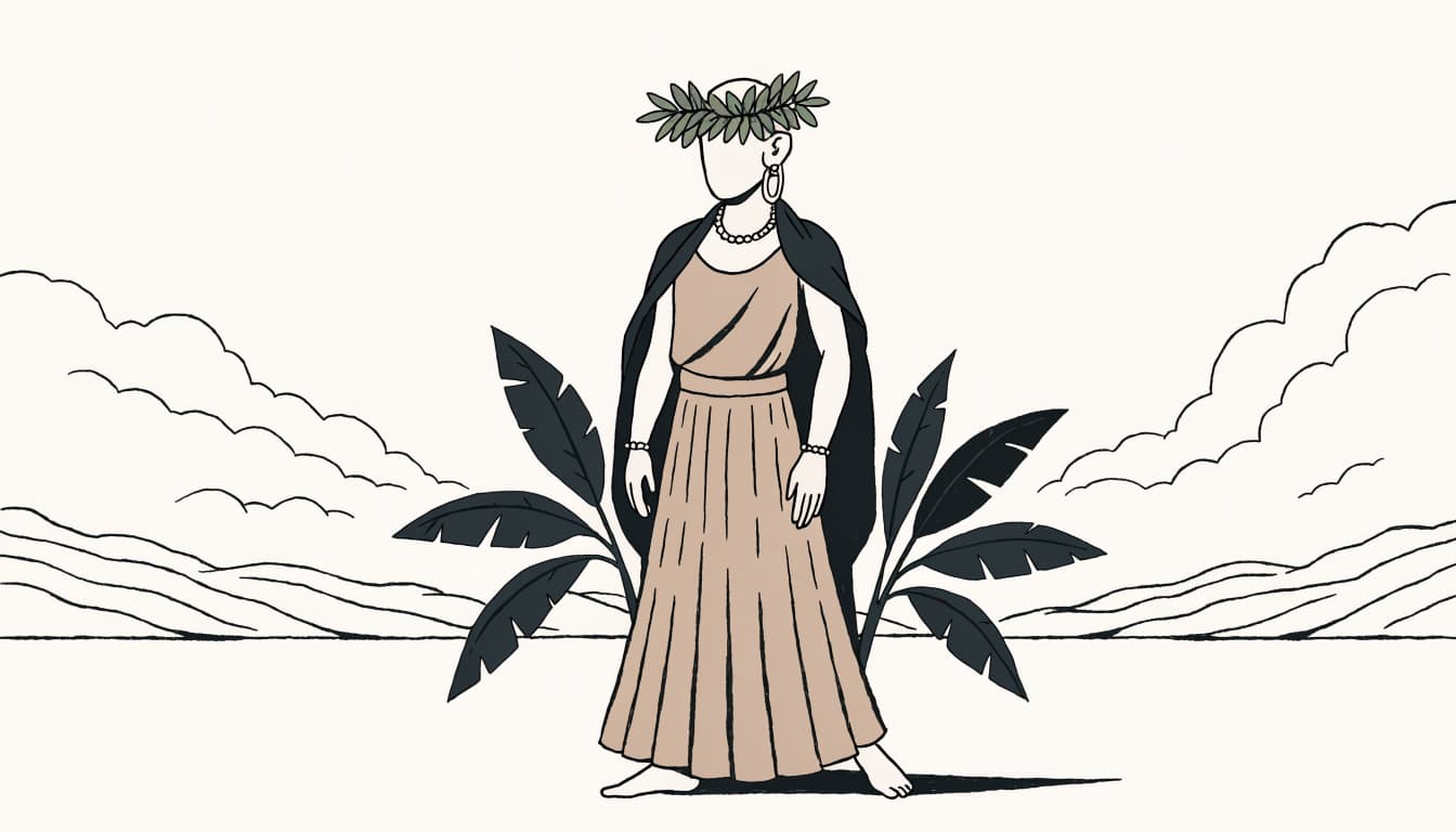 A hula dancer in a pāʻū skirt and plant adornments stands before distant hills.