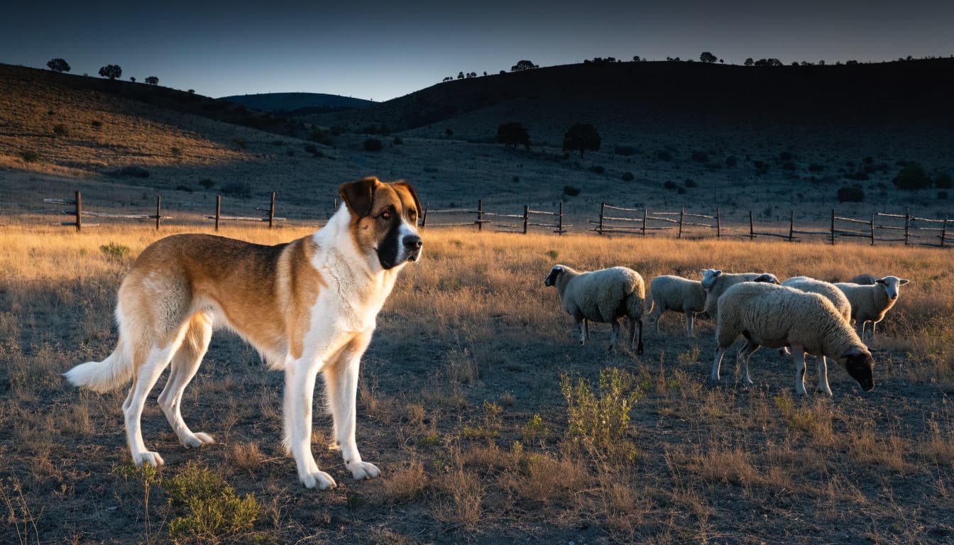 A Kangal stands beside sheep in a dry pasture at dusk.