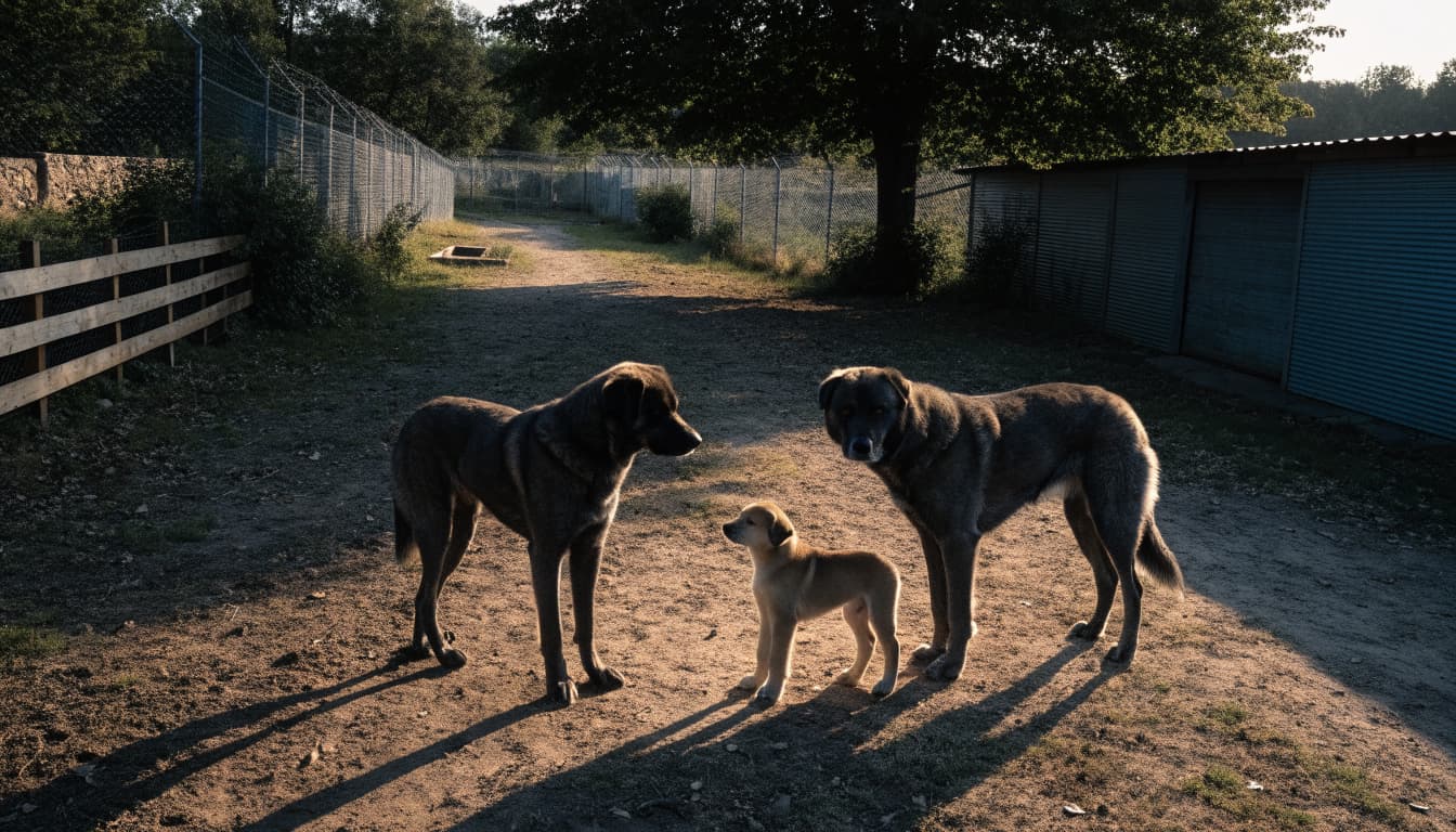 Two adult Kangal dogs stand behind a puppy in a fenced outdoor run.