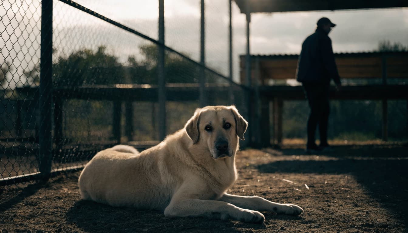 A resting Kangal in a fenced rescue yard with a worker standing nearby.
