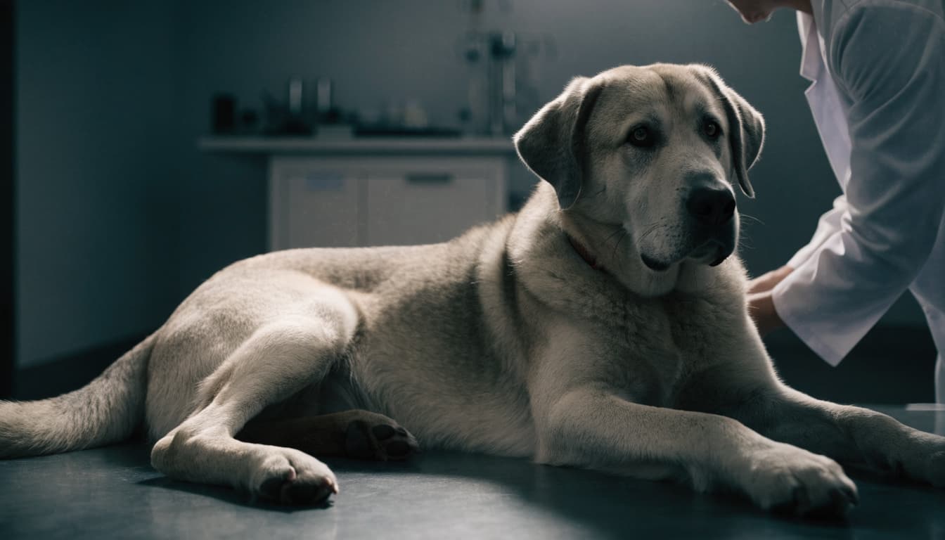 A veterinarian examines a calm Kangal in a modern exam room.