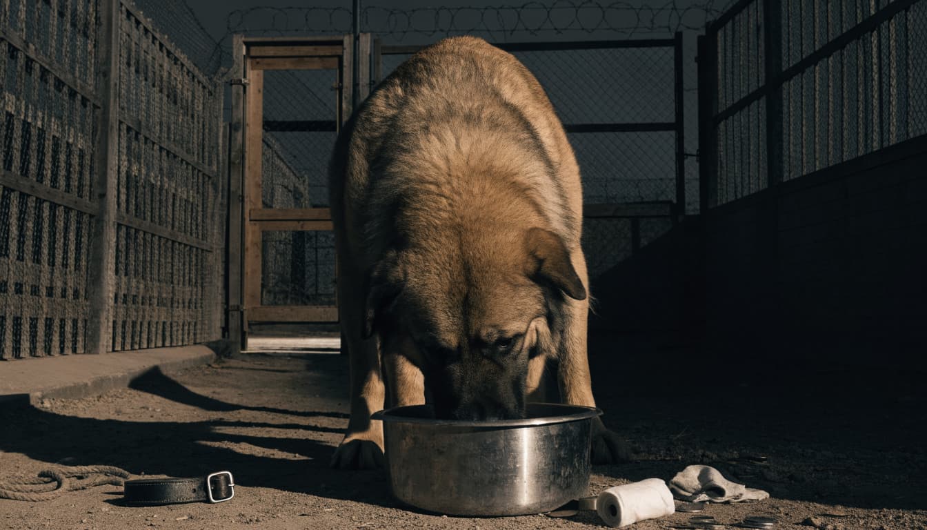 A Kangal eats from a metal bowl beside a fenced yard gate.