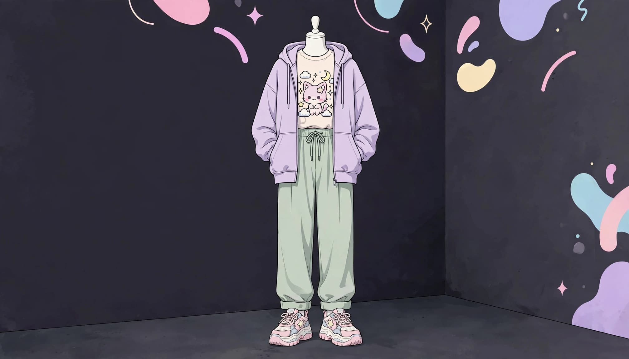 A mannequin displays a graphic tee, pastel hoodie, relaxed trousers, and chunky sneakers.