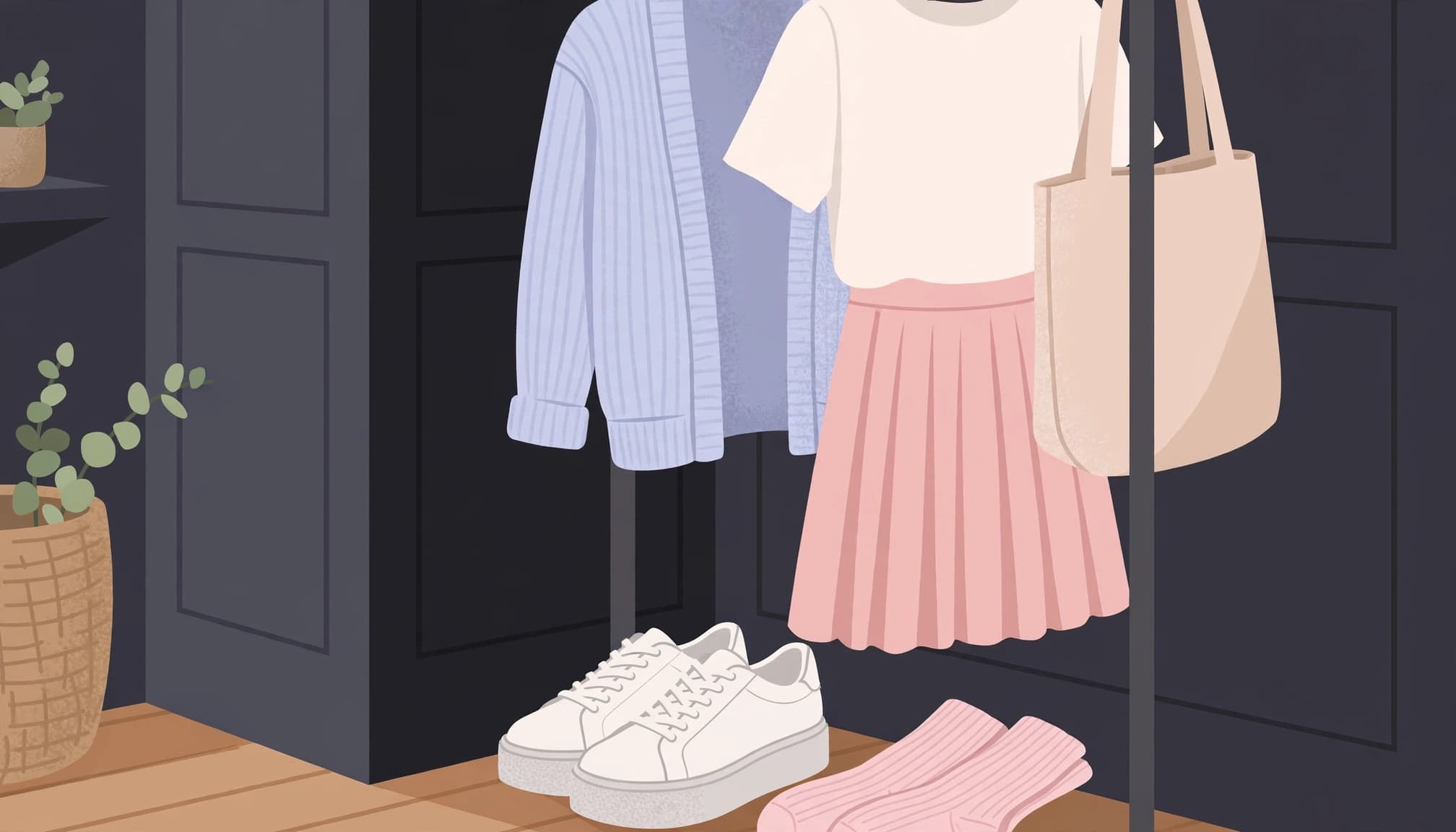 A pastel outfit hangs on a rack with sneakers and knee socks arranged in front.