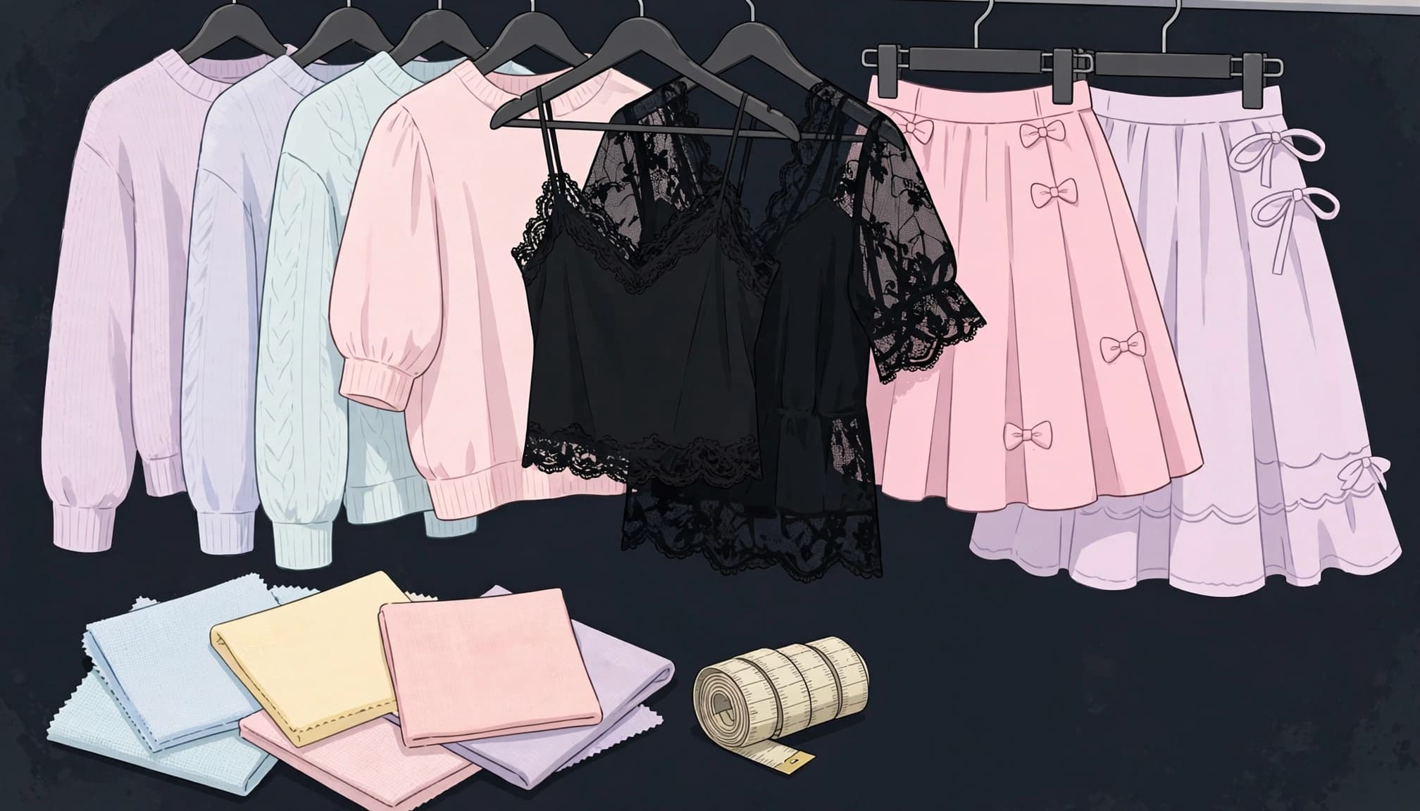 Pastel sweaters, dark lace-trim clothes, and playful skirts hang beside a measuring tape and fabric swatches.