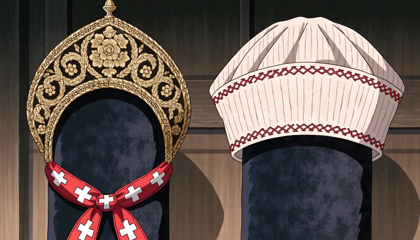 A decorated kokoshnik and fabric povoinik displayed on dark stands.