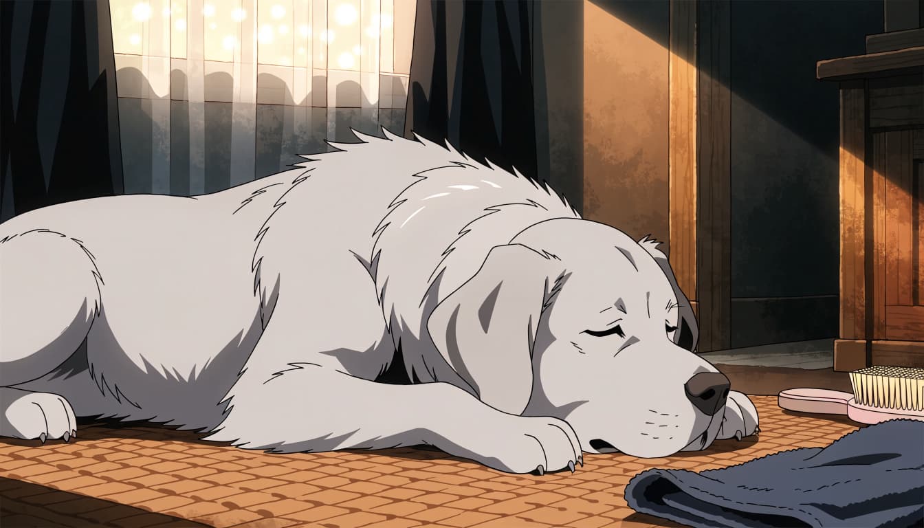 A relaxed silver Labrador lies on a mat beside a brush and folded towel.