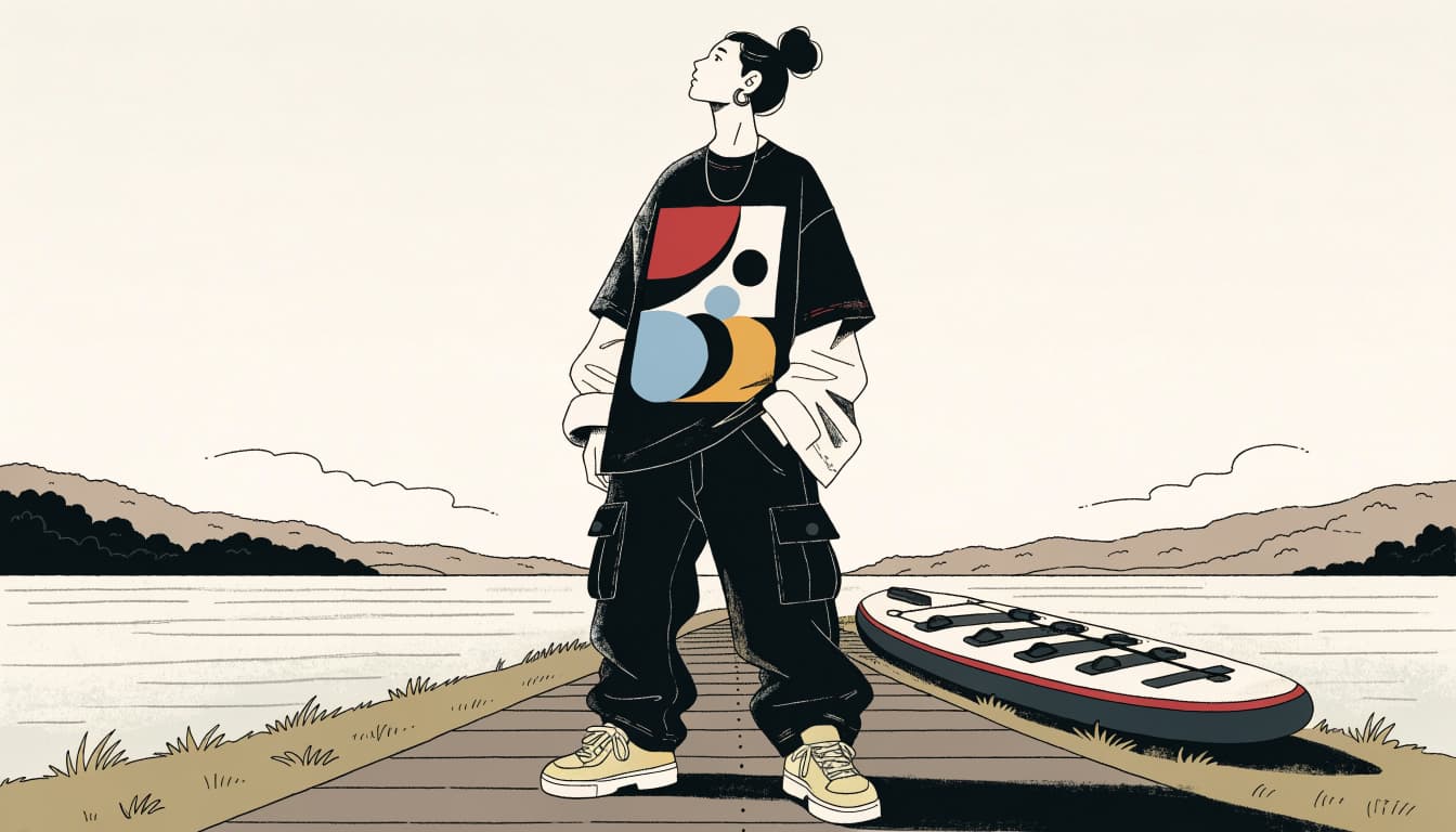 A person in a graphic tee and dark cargos stands beside a paddleboard by a lake.