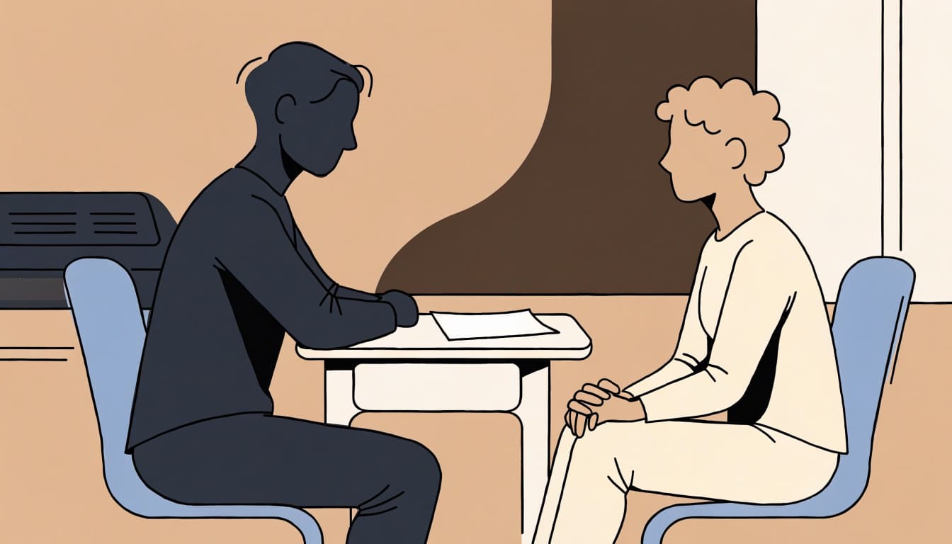 A patient and clinician discuss a paper estimate across a small desk.