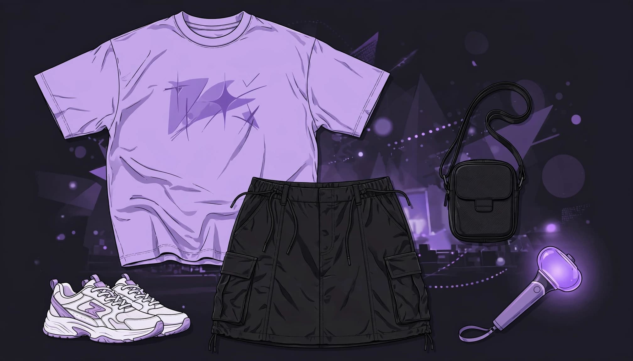 A lavender tee, black cargo skirt, sneakers, crossbody bag, and purple lightstick on a dark background.