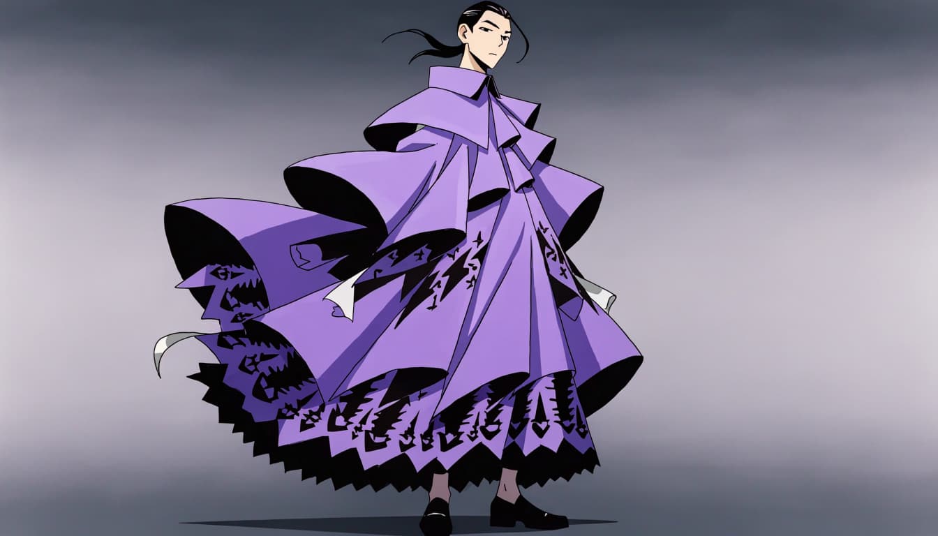 An anime-style illustration of a person wearing a voluminous, flowing purple couture gown.