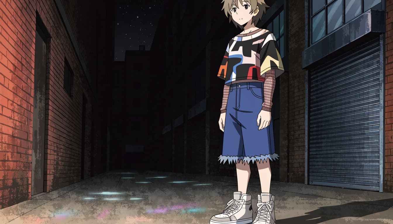 An anime-style young adult in a layered tee, denim shorts, and sneakers stands in a neon-lit alley.