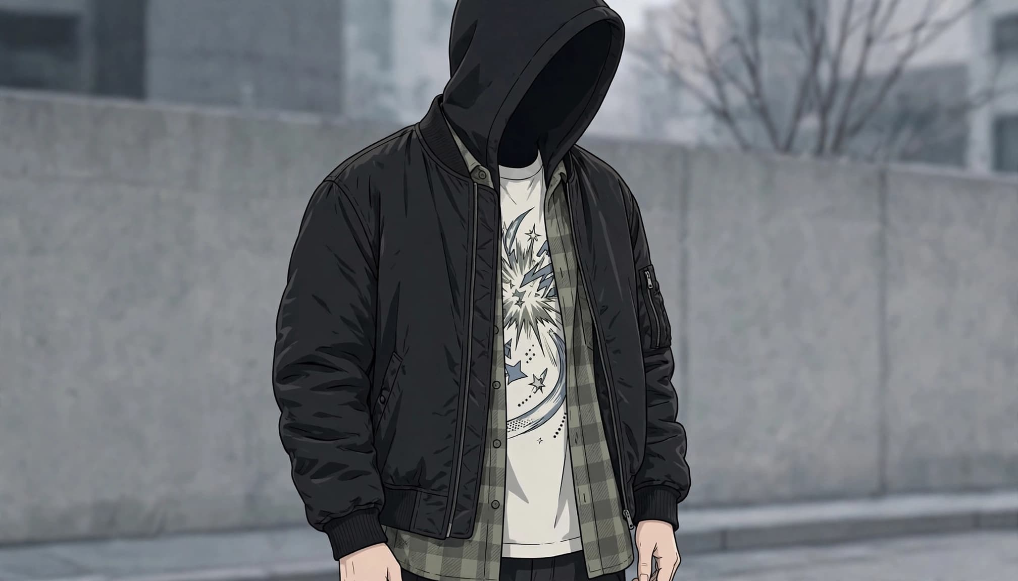 A model wears a graphic T-shirt under an open flannel and dark bomber jacket.