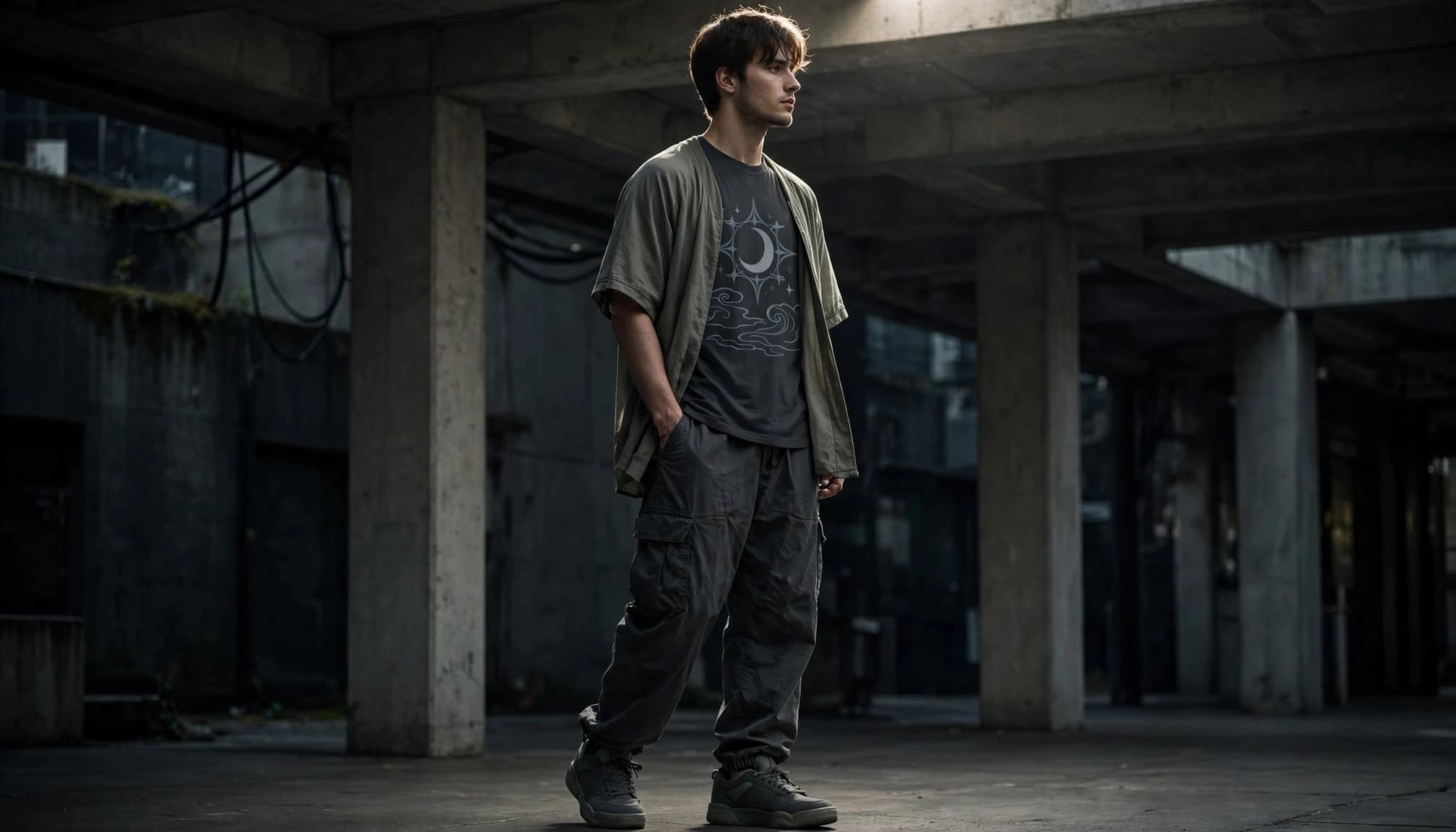 Person in a layered jersey outfit standing beneath a concrete walkway.