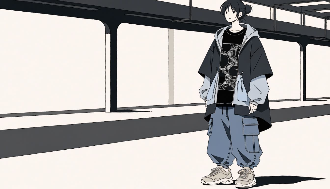 A young adult wears a graphic tee under a dark overshirt and lightweight jacket.