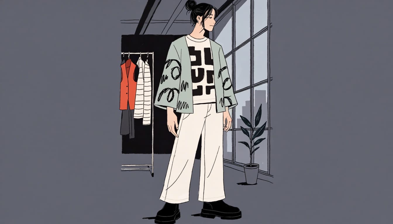 A person in a cardigan, graphic tee, wide-leg trousers, and ankle boots stands by a window.