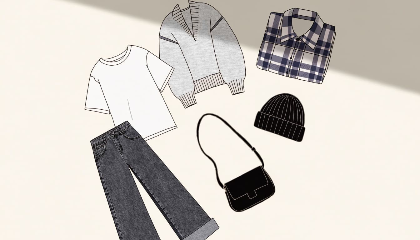 Jeans, a white tee, cardigan, plaid shirt, beanie, and small bag arranged on a pale background.