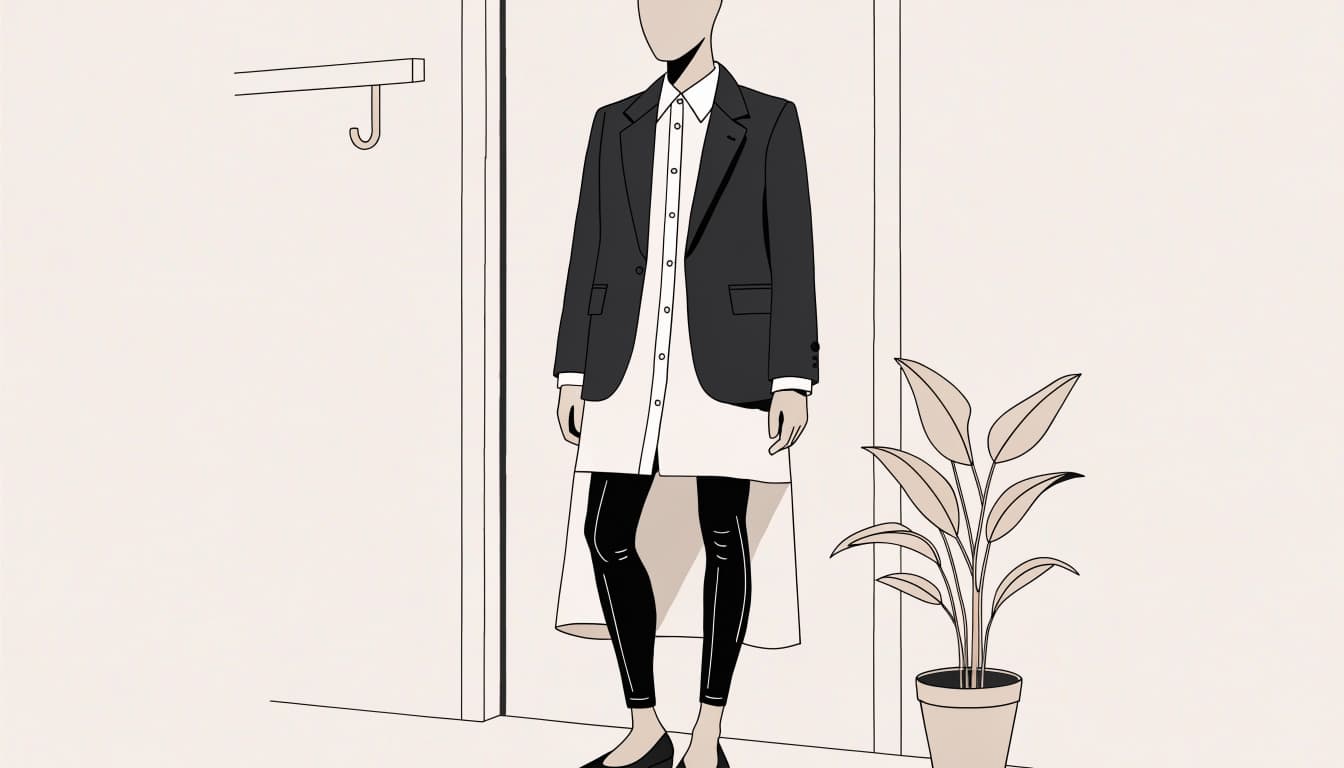 A mannequin wears a long white shirt, charcoal blazer, black leggings, and pointed flats.