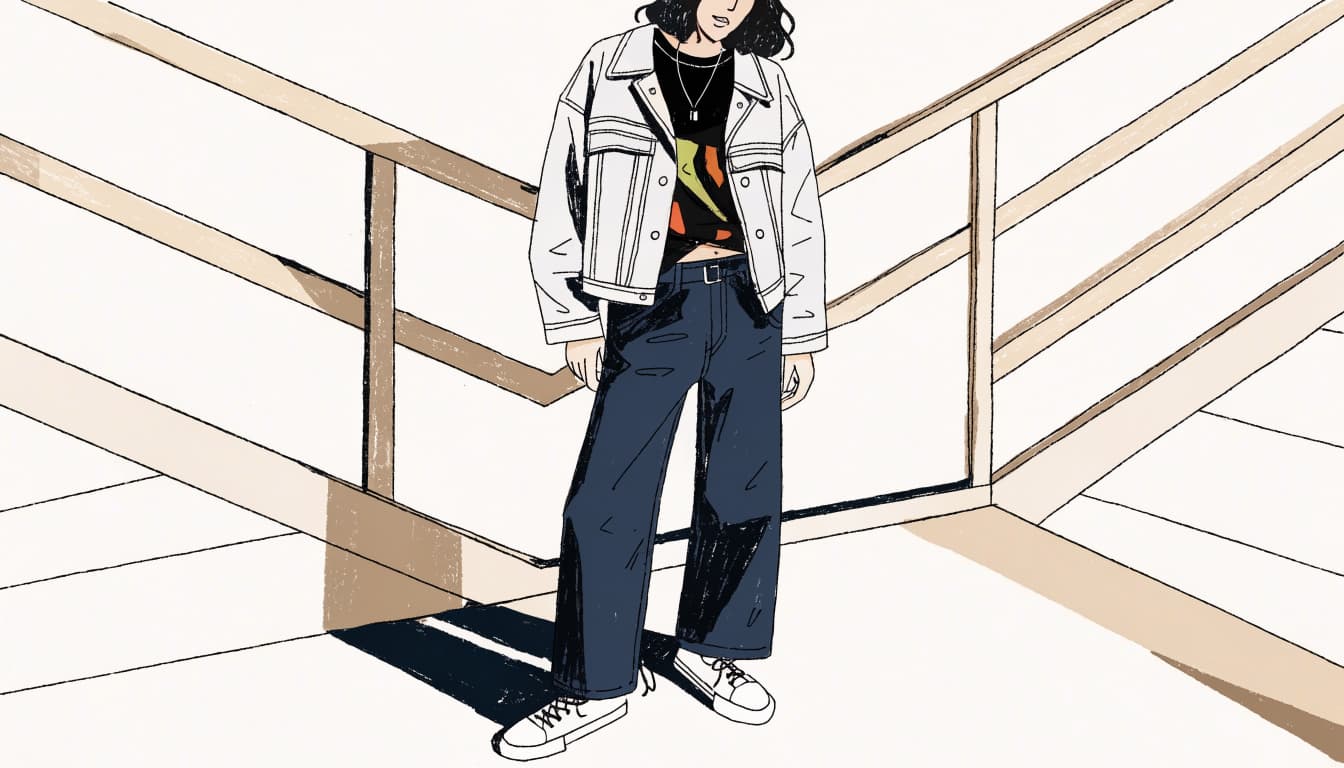 A person in a cropped jacket and graphic tee stands on a city stair landing.