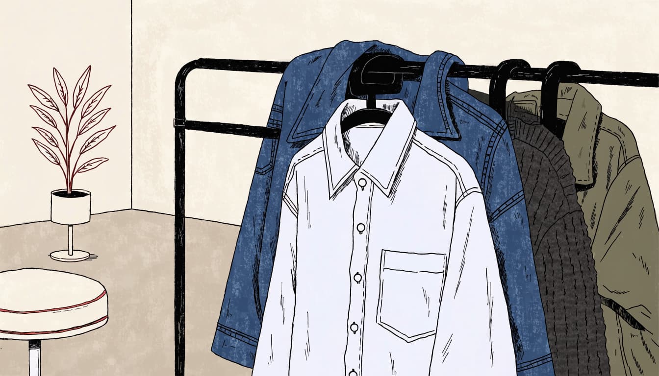 Layered shirts and jackets hang on a rack beside a small plant and stool.