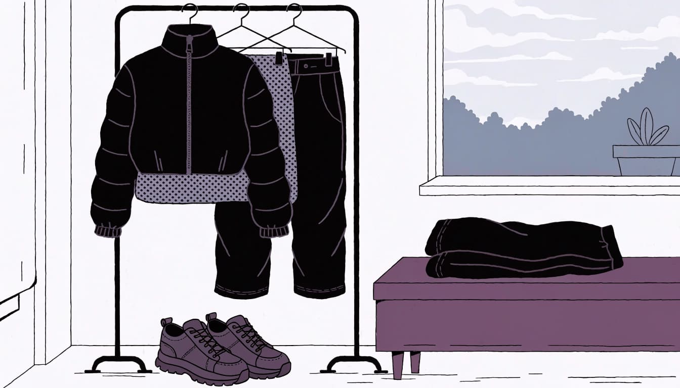 A mesh top, dark pants, cropped jacket, and sturdy shoes arranged in a dressing room.