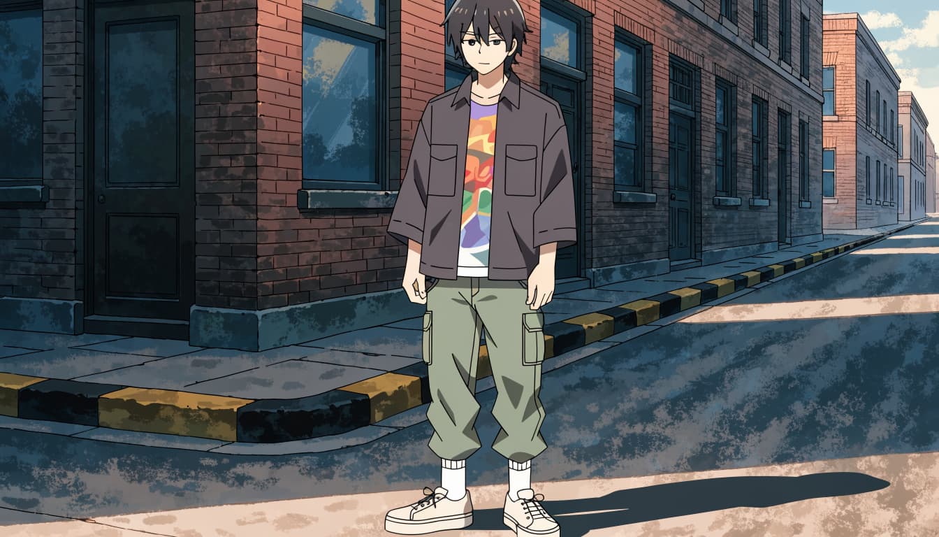 A young man wears a charcoal overshirt, olive cargos, and canvas sneakers on a city corner.
