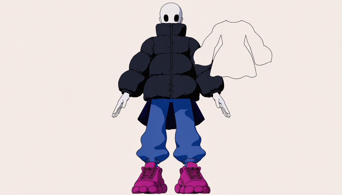 A stylized mannequin in layered streetwear stands beside a floating garment silhouette.
